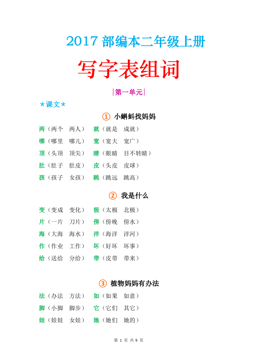 【小学精品】【部编版】二年级语文上册课本写字表组词