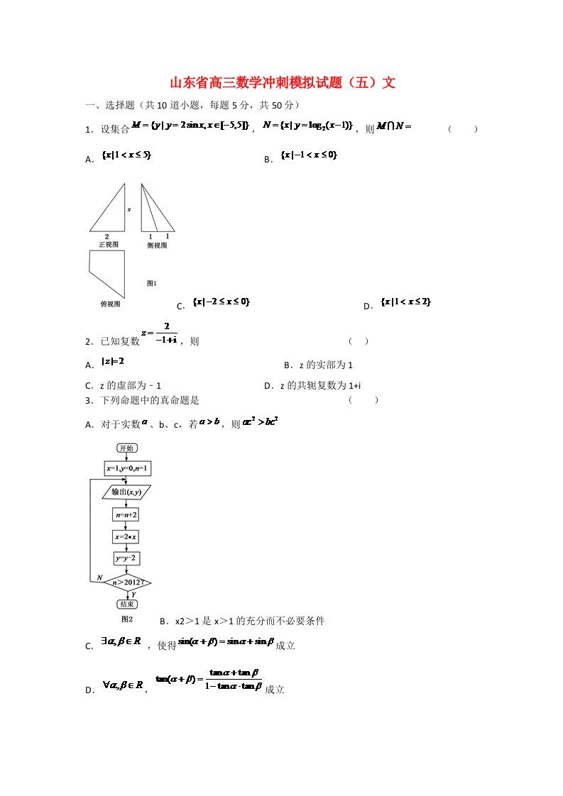 山东省高三数学冲刺模拟试题（五）文