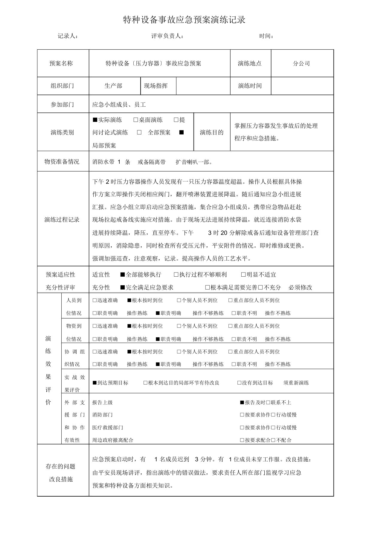 特种设备事故(压力容器)应急预案演练记录