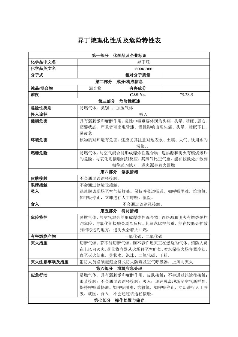 异丁烷理化性质及危险特性