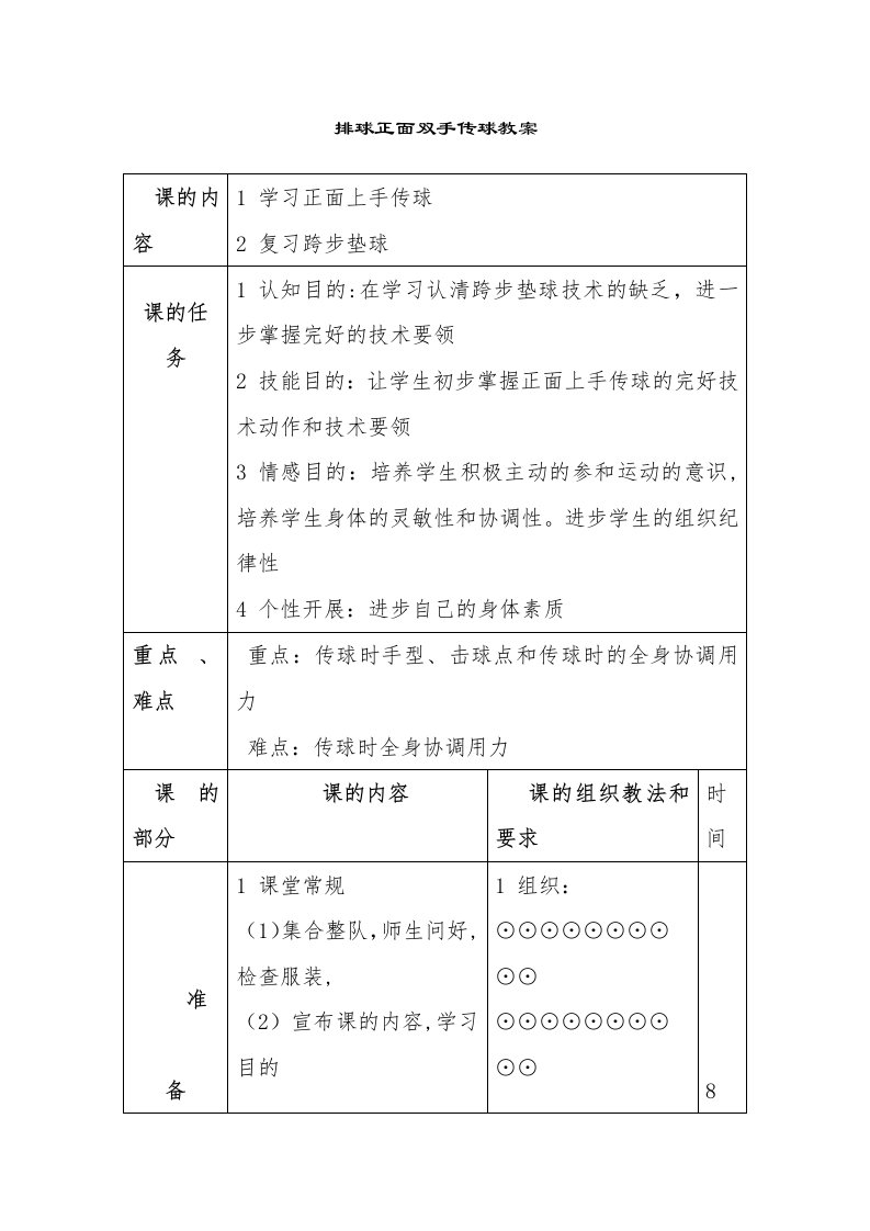 排球正面双手传球教案