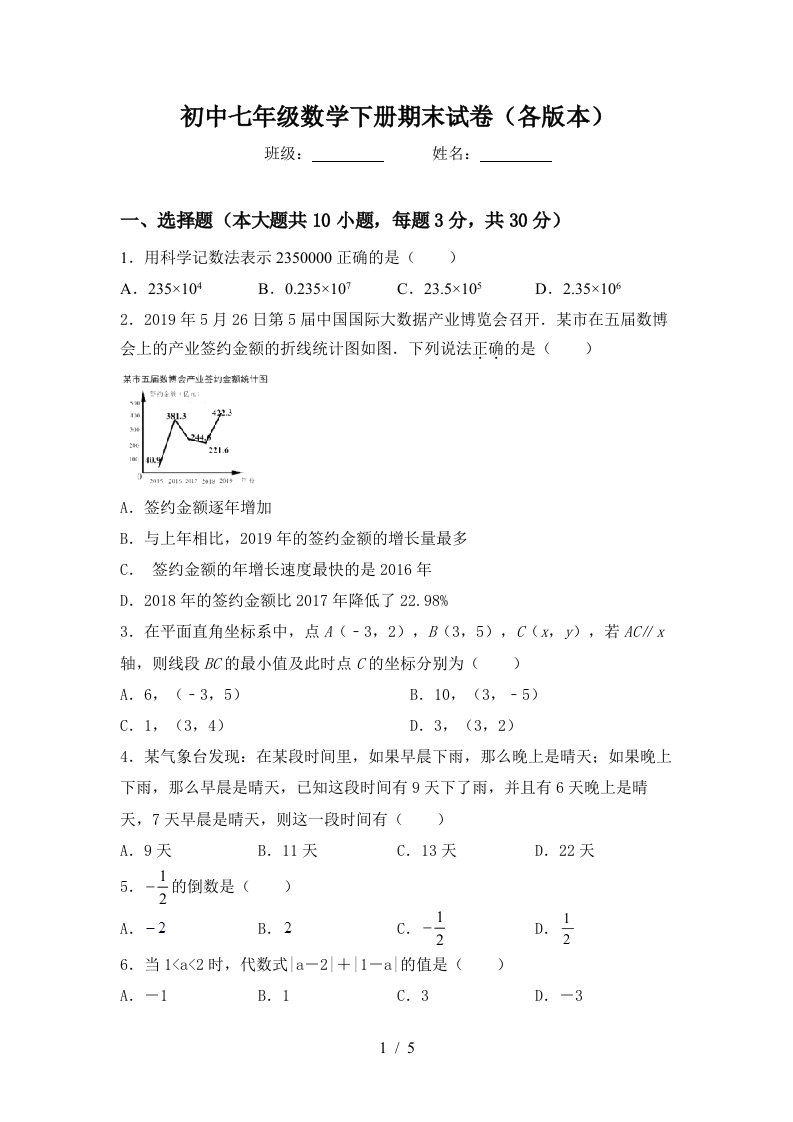 初中七年级数学下册期末试卷各版本