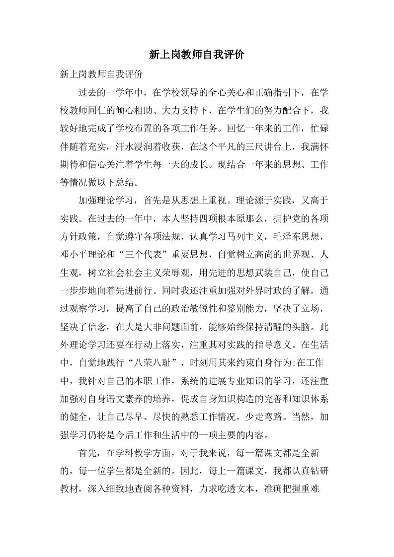 新上岗教师自我评价