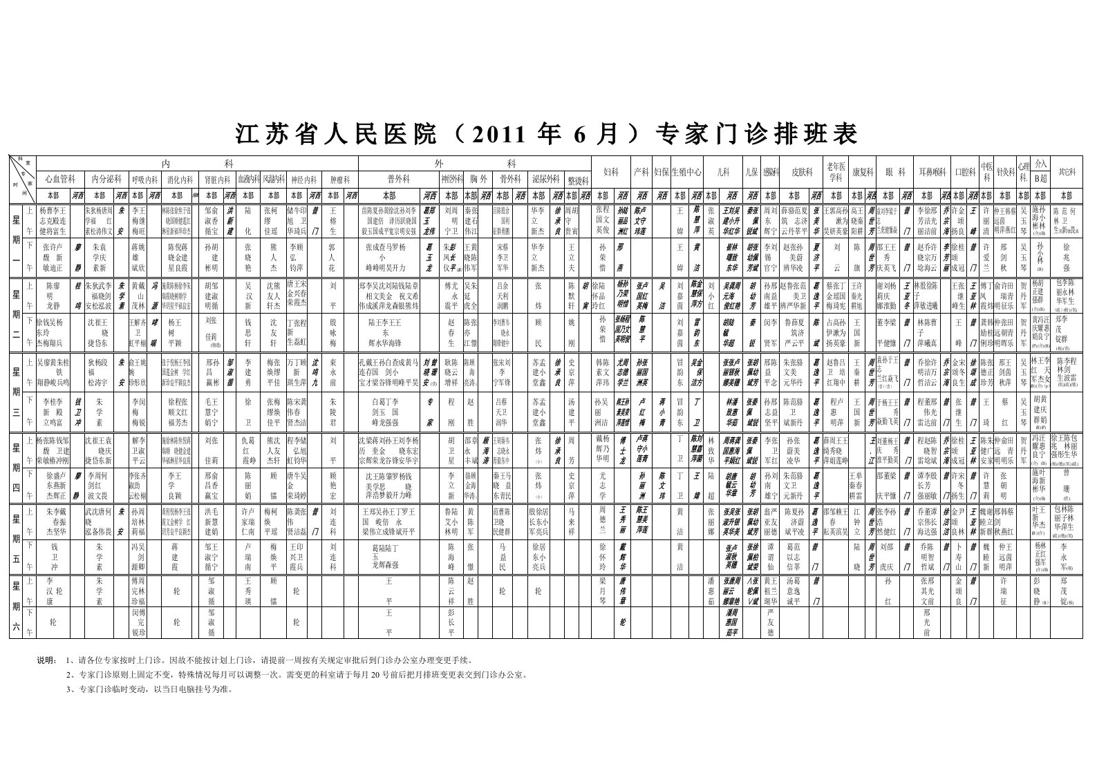 江苏省人民医院(2011年6月)专家门诊排班表