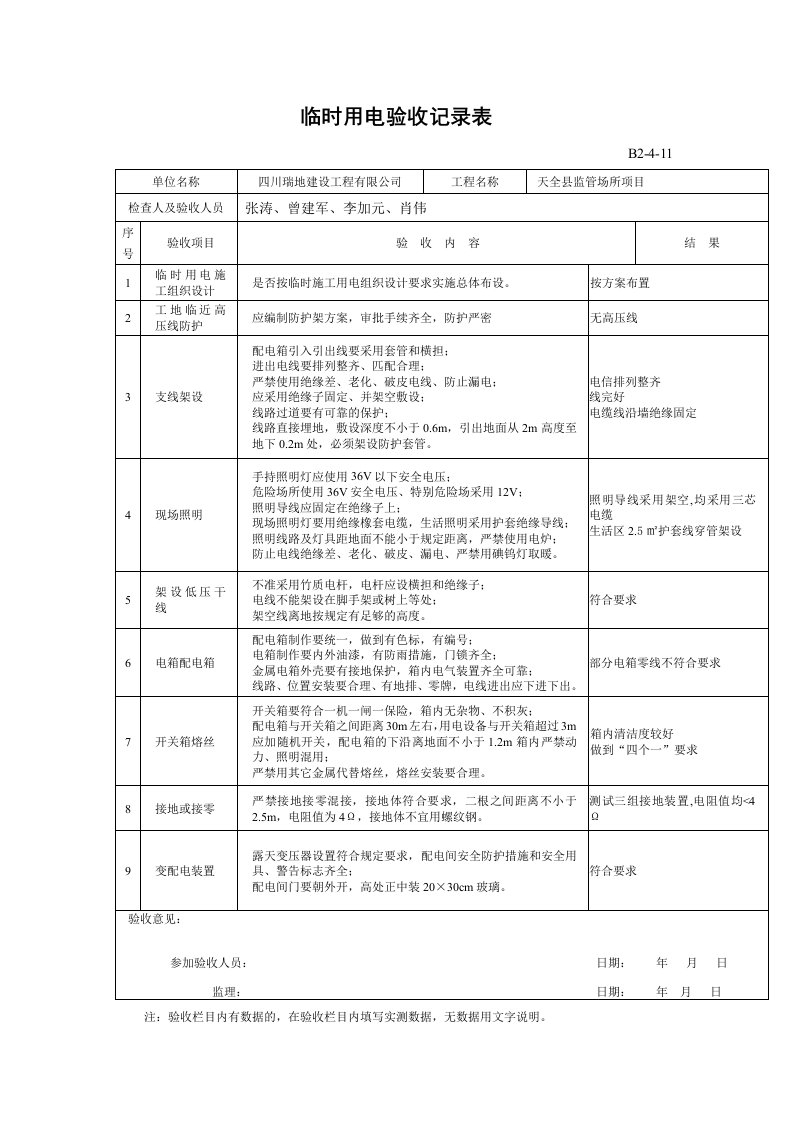 临时用电验收记录表