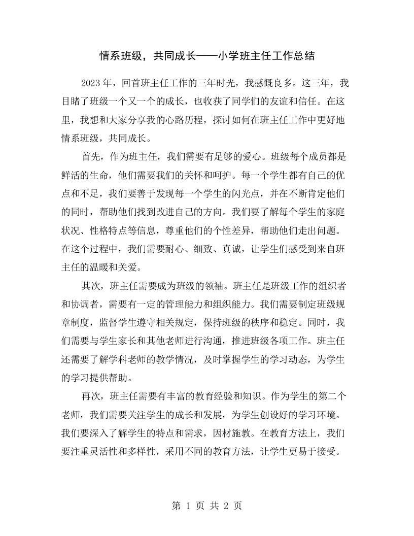 情系班级，共同成长——小学班主任工作总结