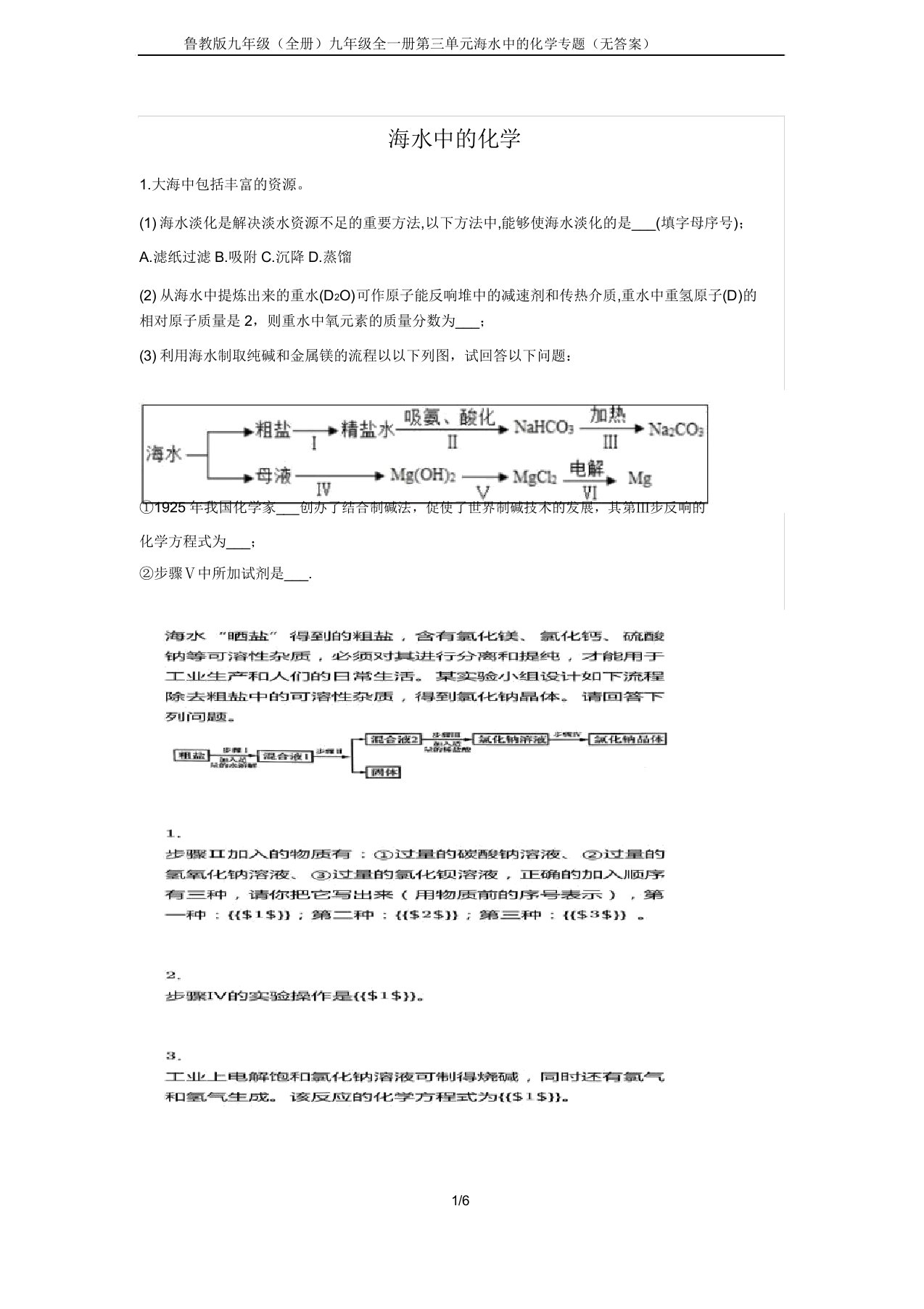 鲁教版九年级九年级全一册第三单元海水中化学专题