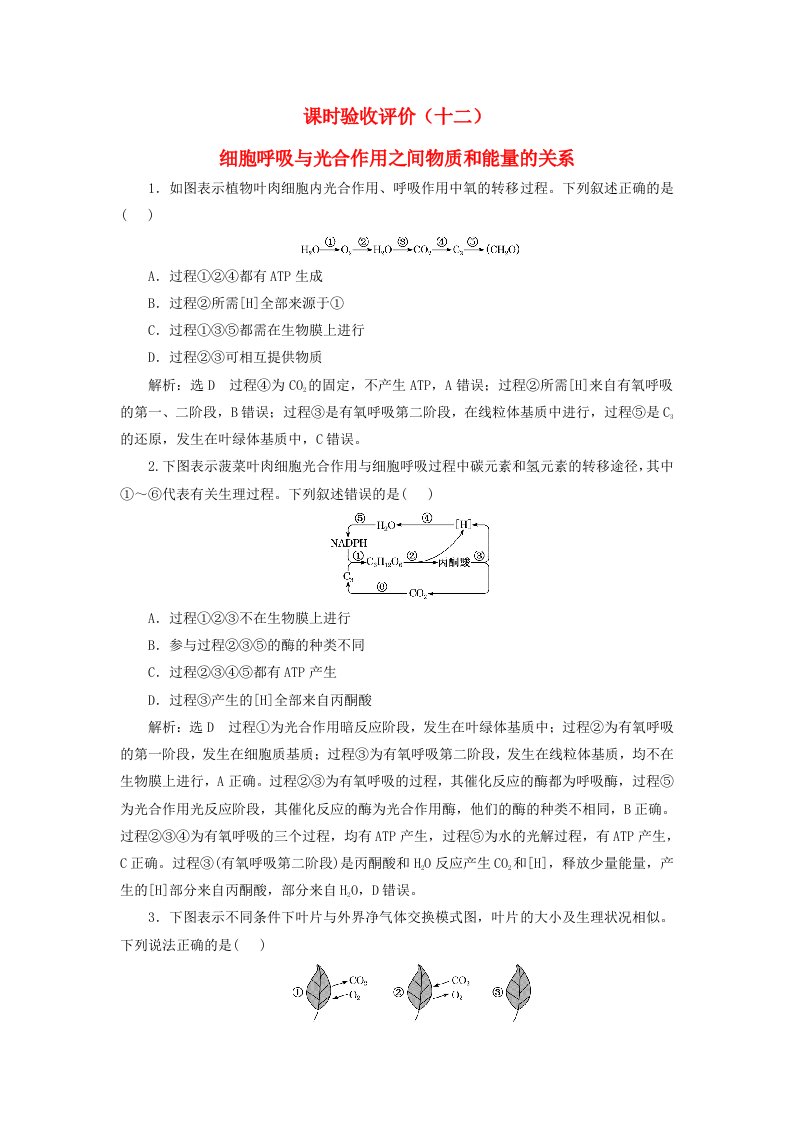 2024届高考生物一轮总复习课时验收评价十二细胞呼吸与光合作用之间物质和能量的关系