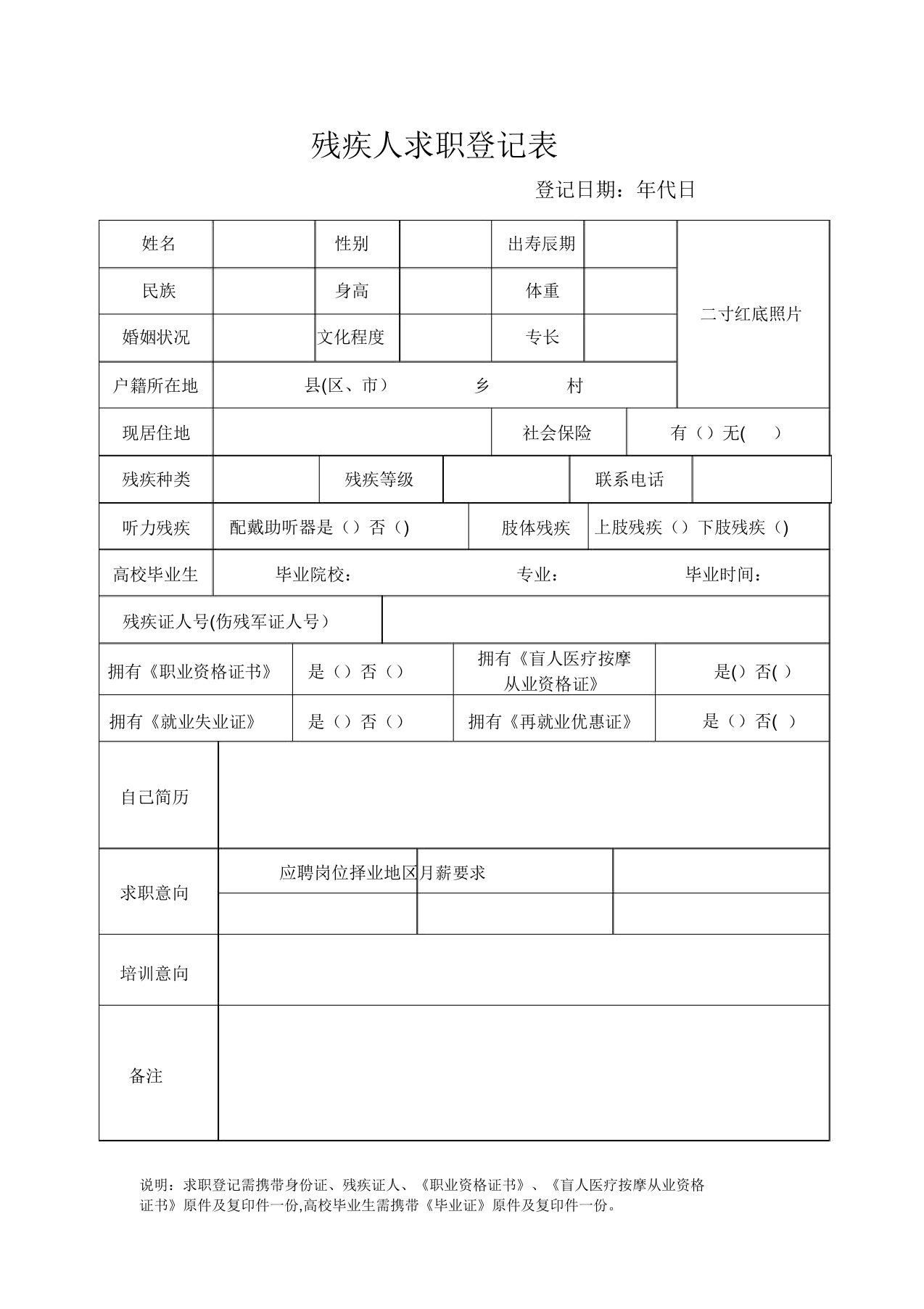 残疾人求职登记表【范本模板】