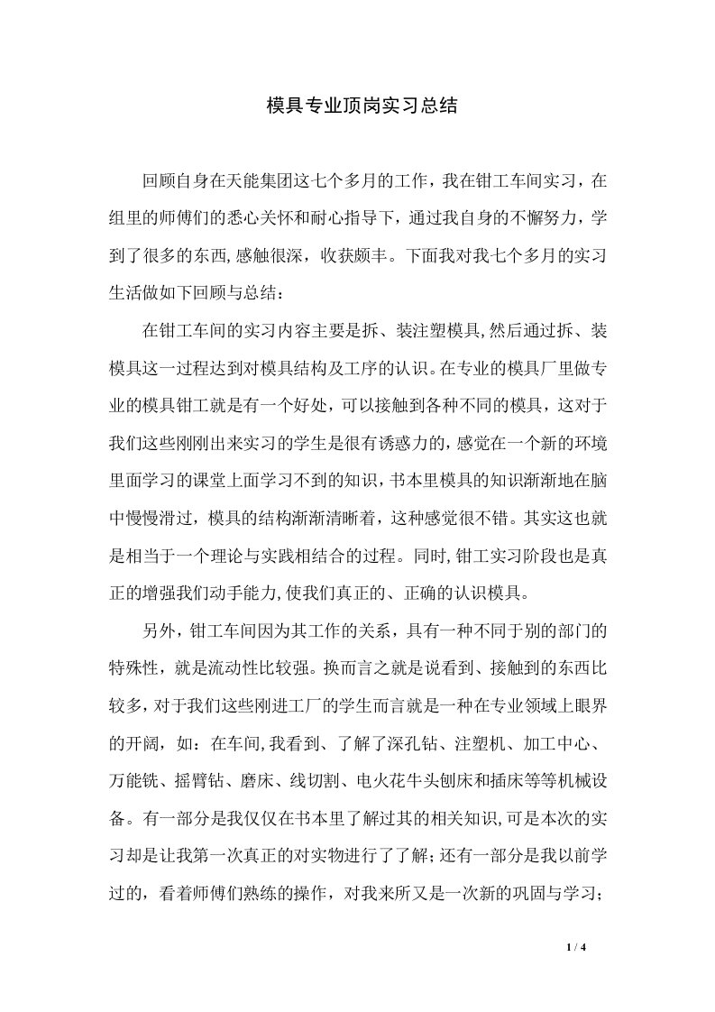 模具专业顶岗实习总结