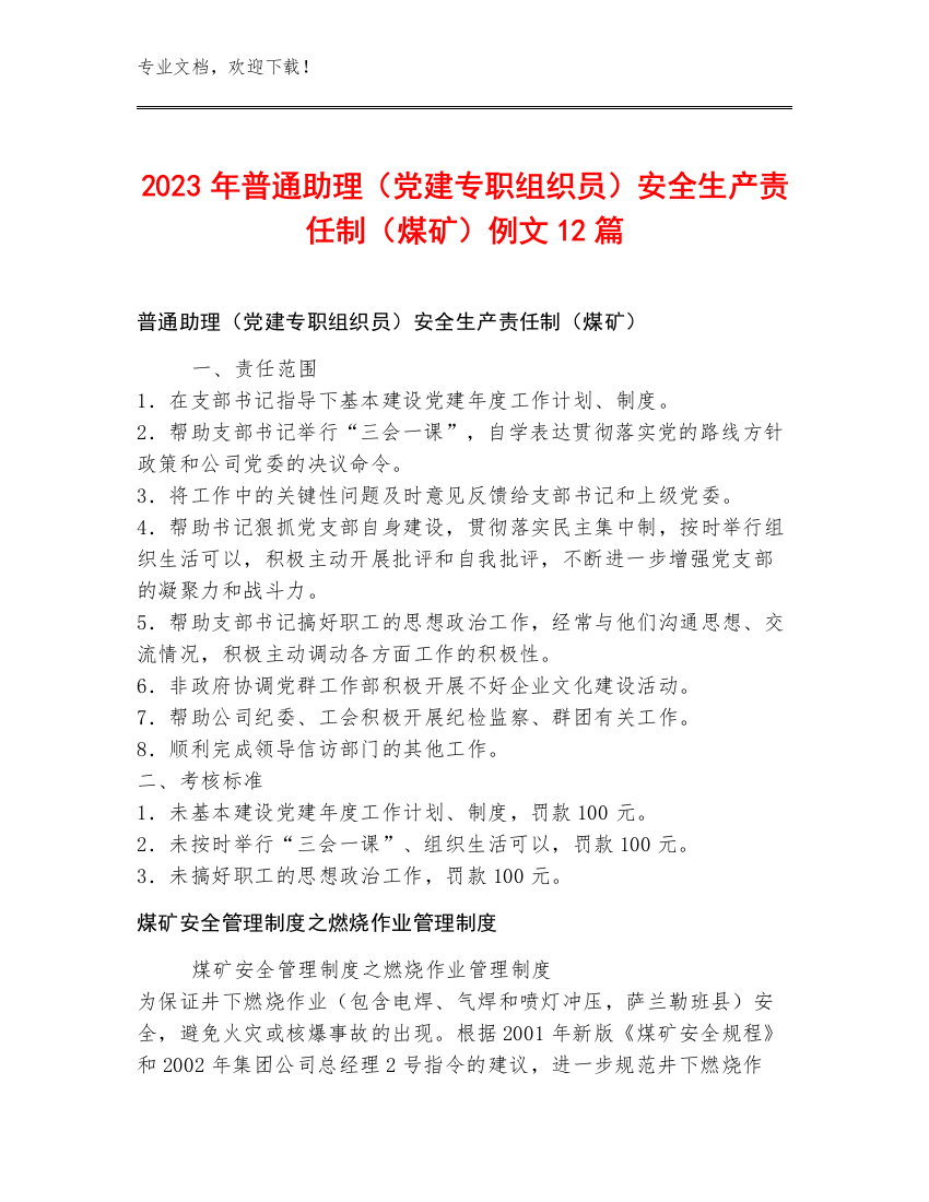 2023年普通助理（党建专职组织员）安全生产责任制（煤矿）例文12篇