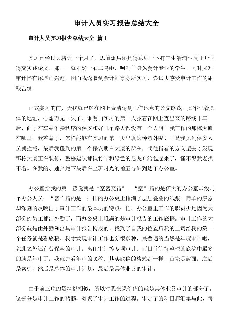 审计人员实习报告总结大全