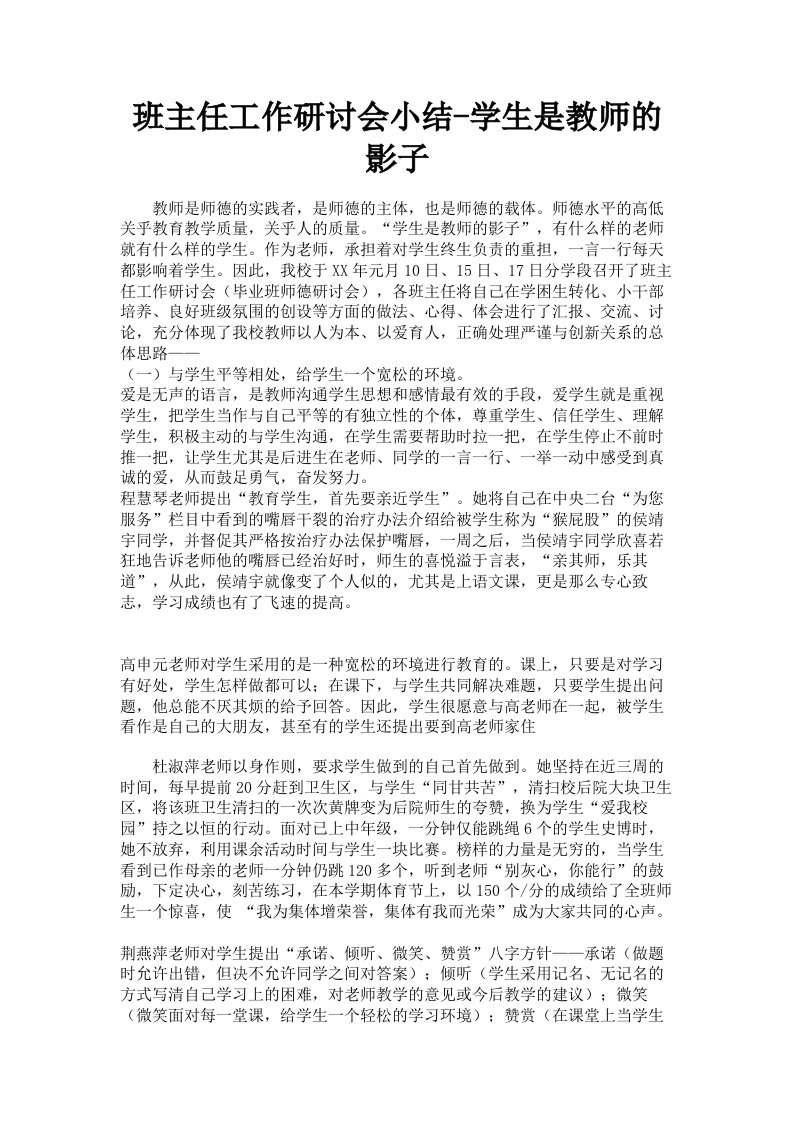 班主任工作研讨会小结学生是教师的影子