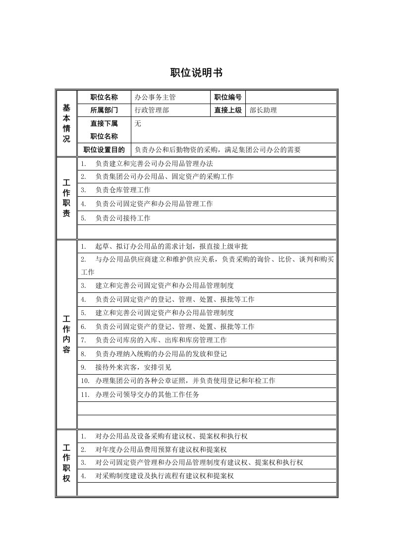 岗位职责-6行政管理部办公事务主管职位说明书