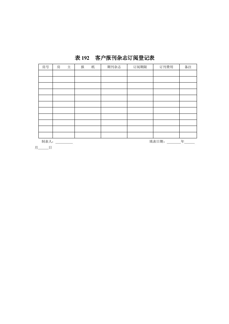 促销管理-表192客户报刊杂志订阅登记表