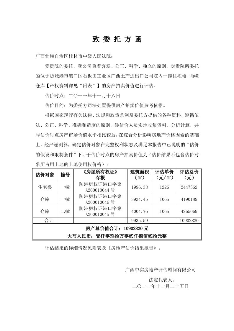 房地产估价结果表