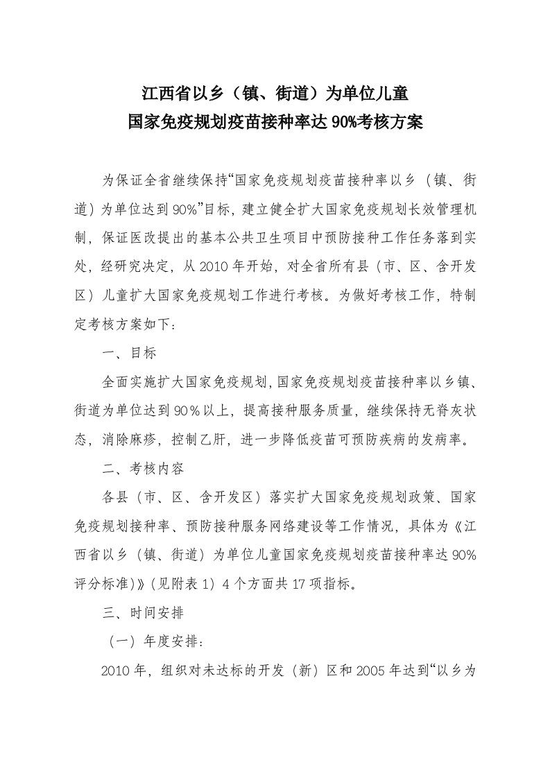 江西省以乡（镇、街道）为单位儿童国家免疫规划疫苗接种率达90%考核方案