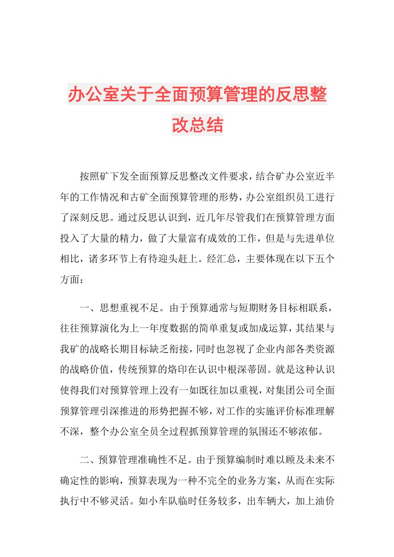 办公室关于全面预算管理的反思整改总结