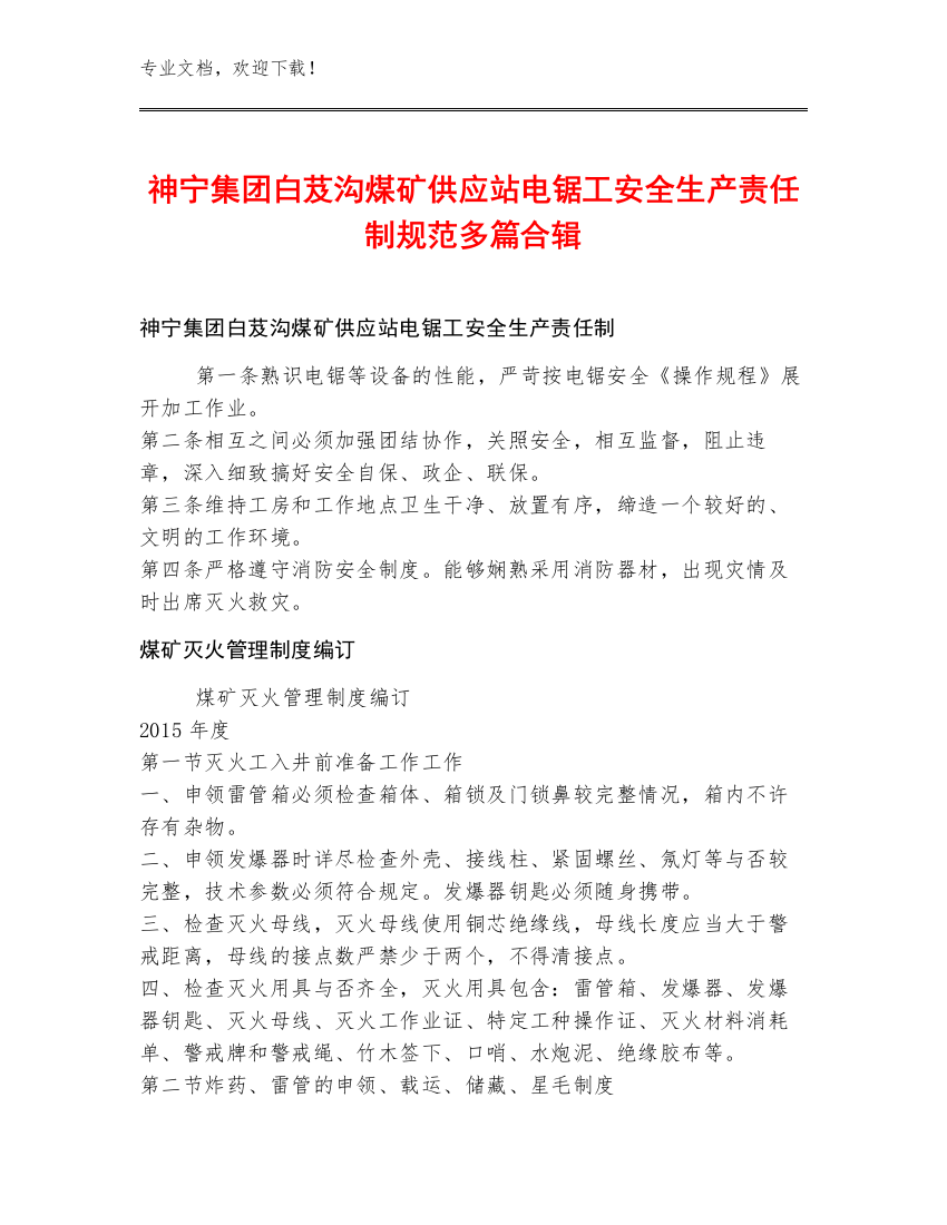 神宁集团白芨沟煤矿供应站电锯工安全生产责任制规范多篇合辑