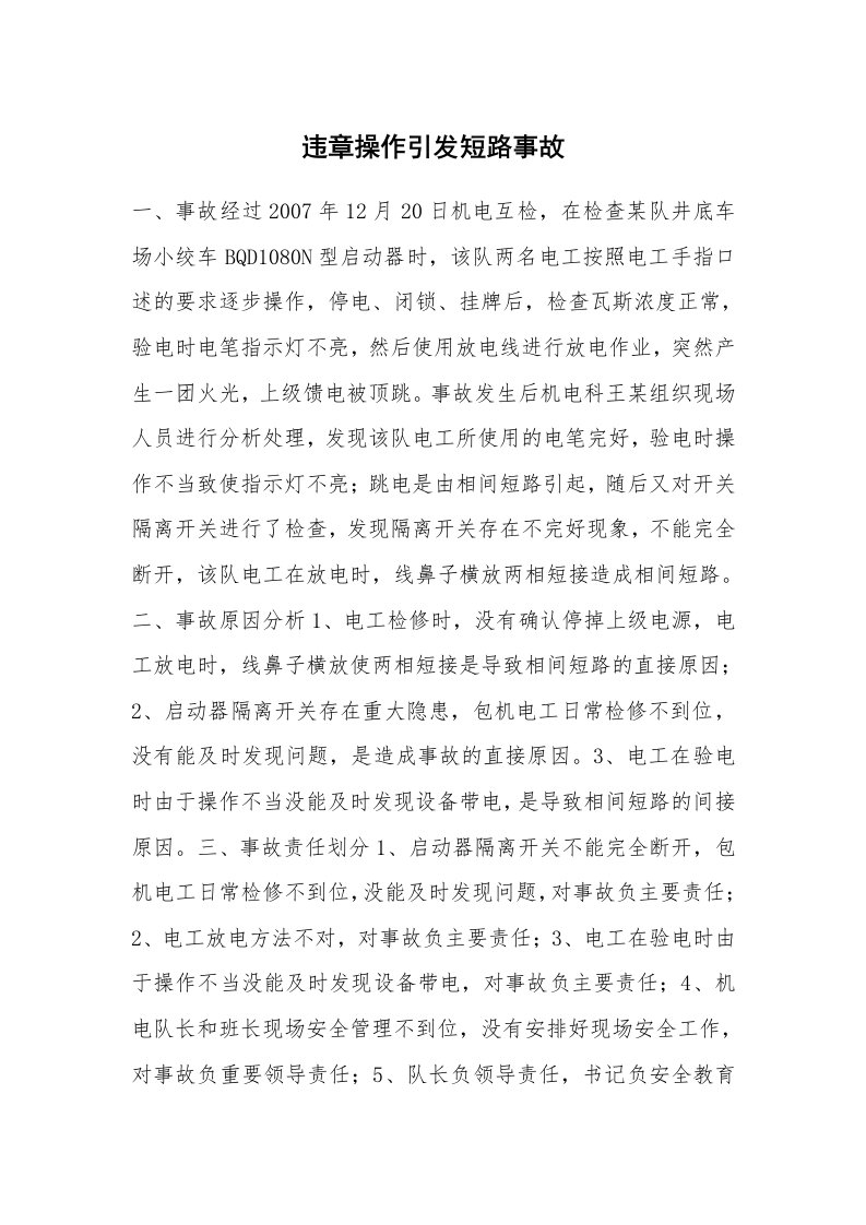 事故案例_案例分析_违章操作引发短路事故