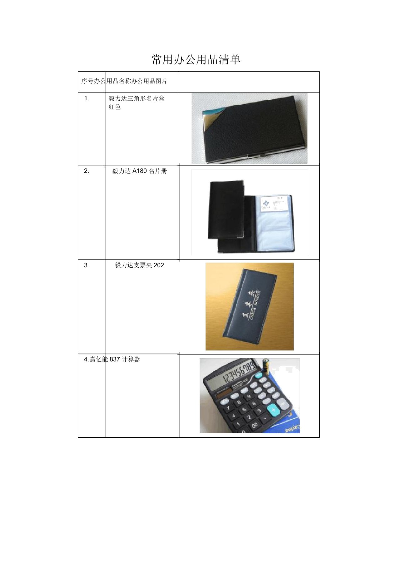 常用办公用品清单名称列表