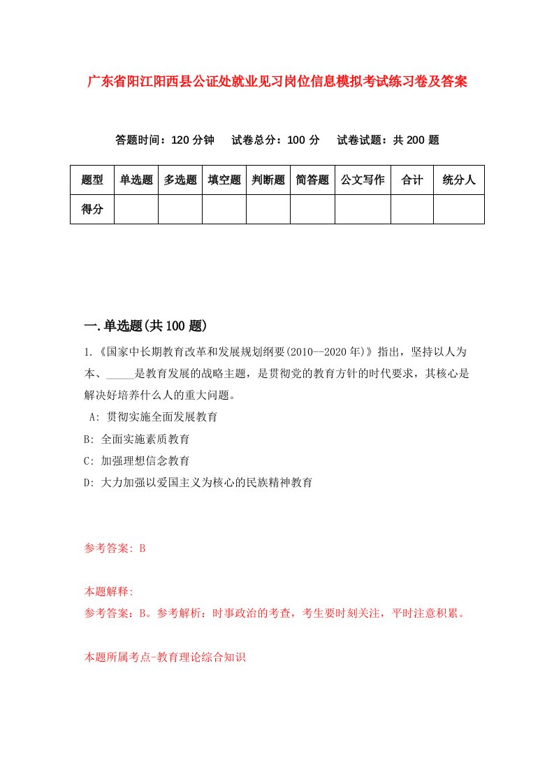 广东省阳江阳西县公证处就业见习岗位信息模拟考试练习卷及答案第2卷