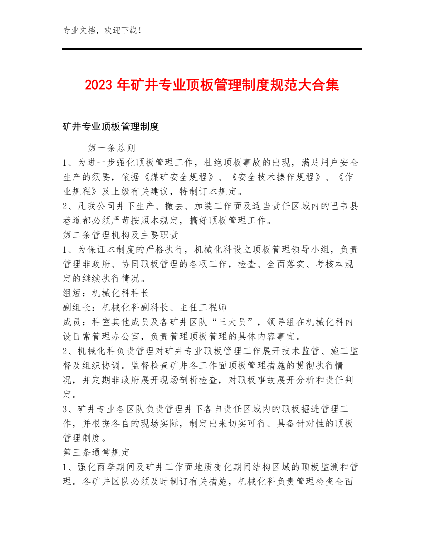 2023年矿井专业顶板管理制度规范大合集