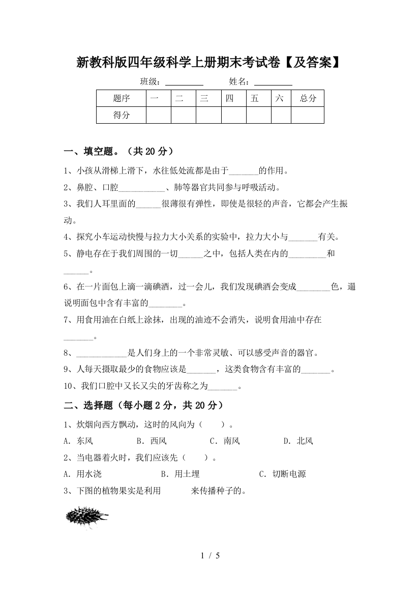 新教科版四年级科学上册期末考试卷【及答案】