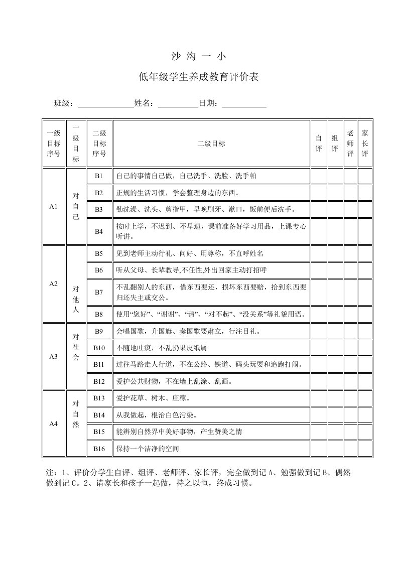 低年级小学生养成教育评价表