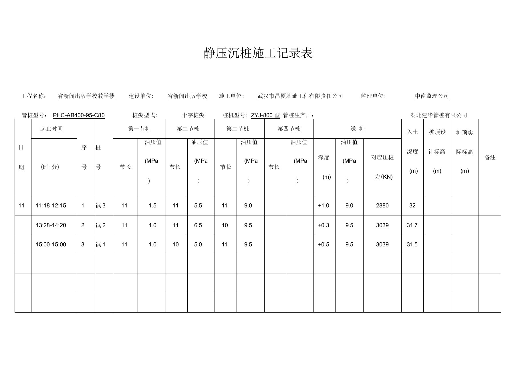 静压沉桩施工记录表