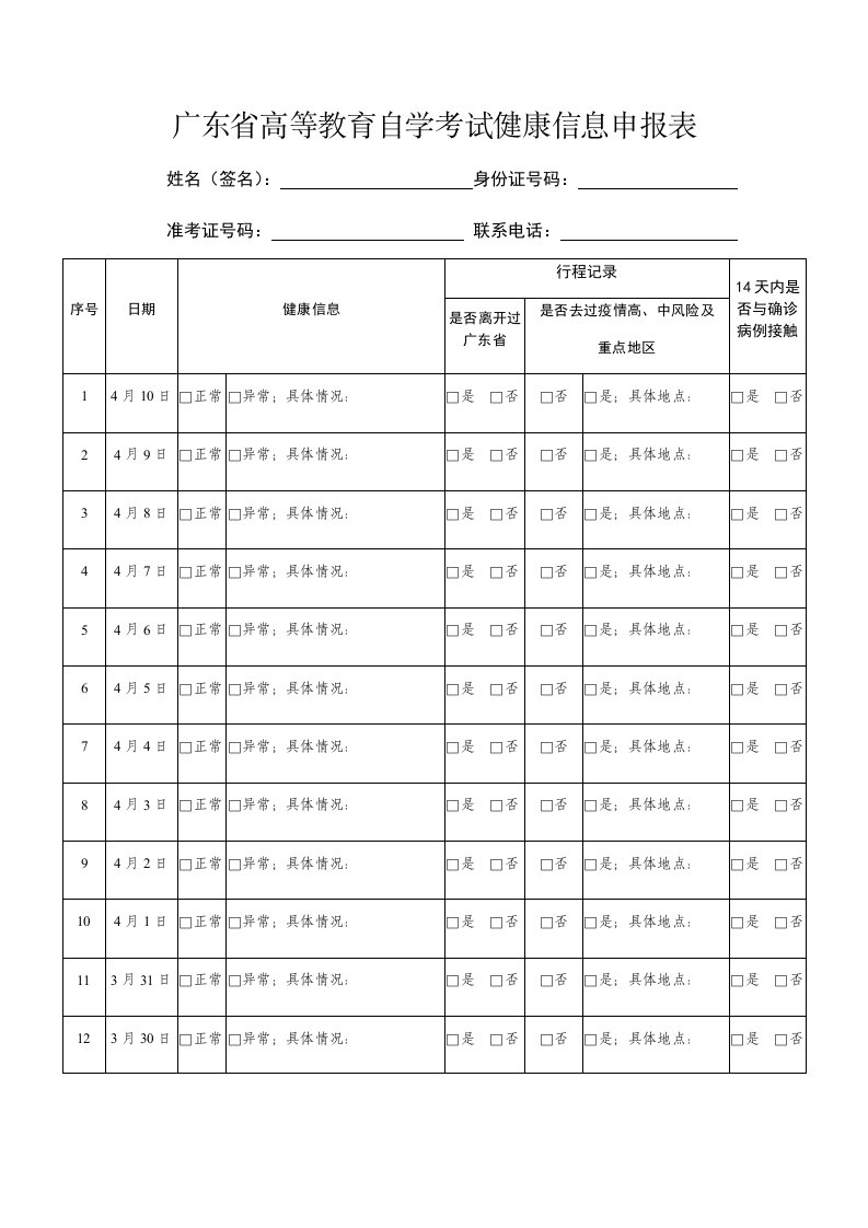 广东省高等教育自学考试健康信息申报表