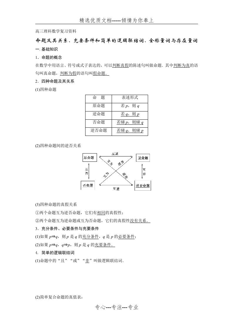 高三理科数学复习资料-命题及其关系、充要条件和简单的逻辑联结词、全称量词与存在量词(共10页)