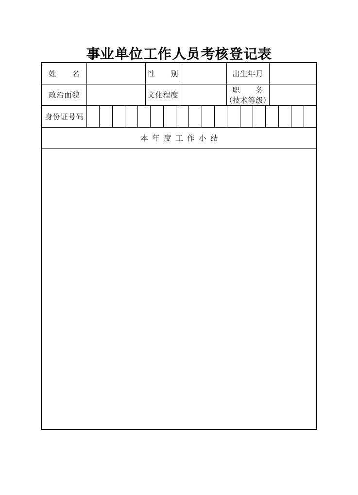 事业单位人员考核登记表模板