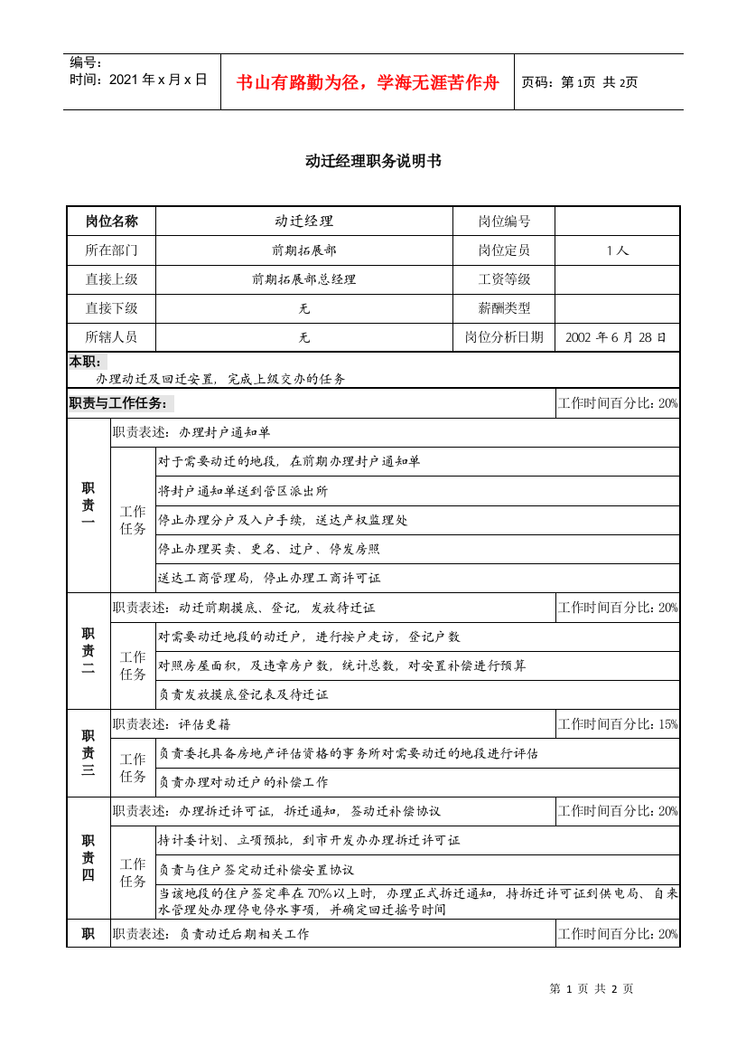 某集团置业公司动迁经理职务说明书