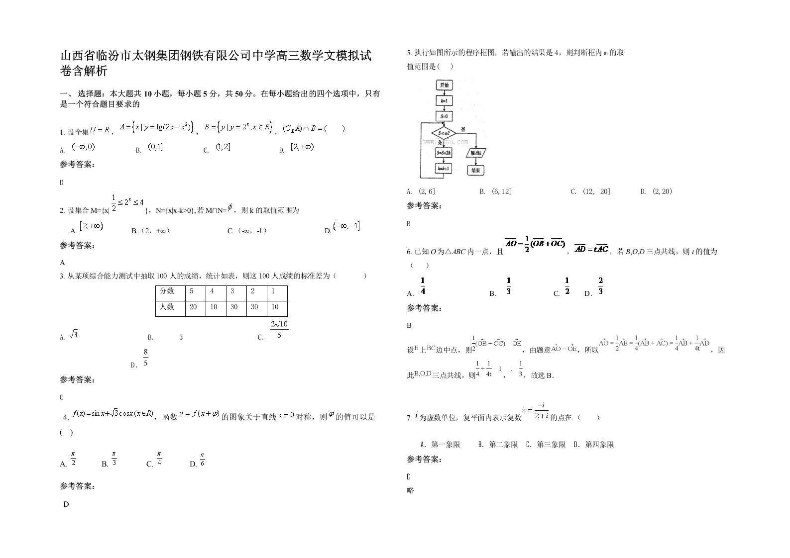 山西省临汾市太钢集团钢铁有限公司中学高三数学文模拟试卷含解析