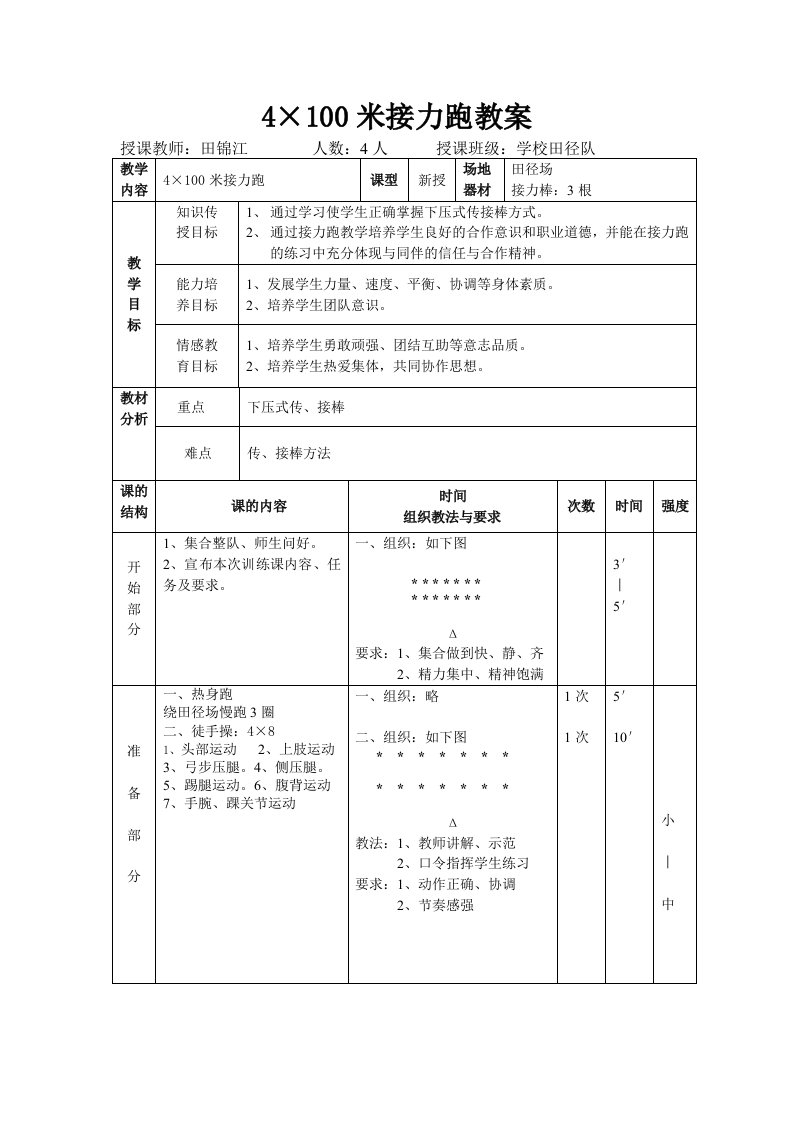 4×100米接力跑教案