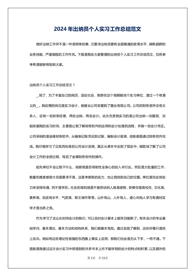 2024年出纳员个人实习工作总结范文