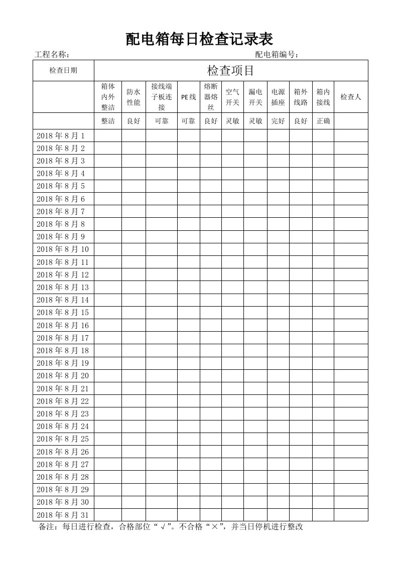 配电箱每日检查记录表