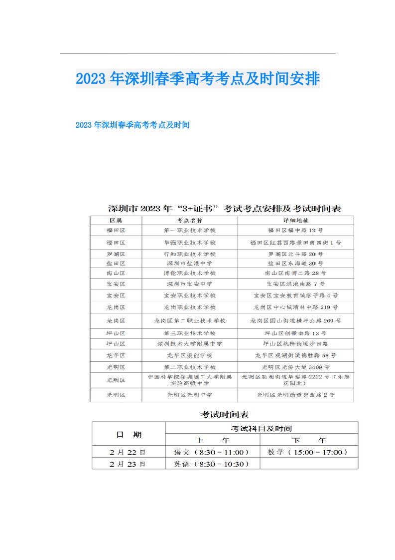 深圳春季高考考点及时间安排