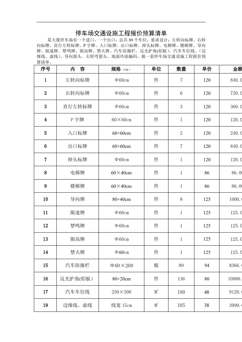 停车场交通设施工程报价预算清单