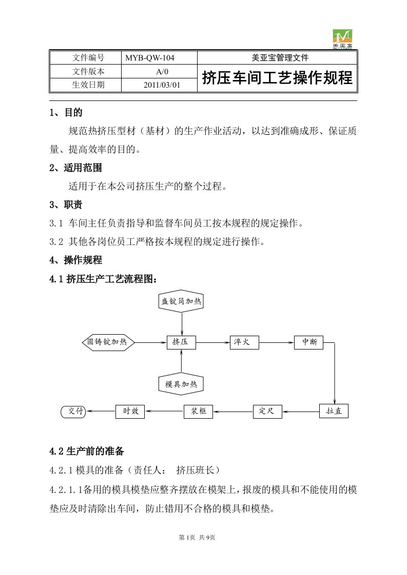 挤压车间工艺操作规程