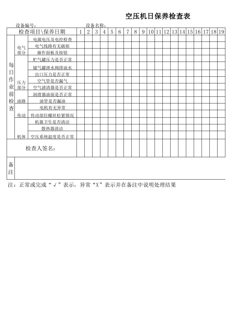 空压机日保养检查表