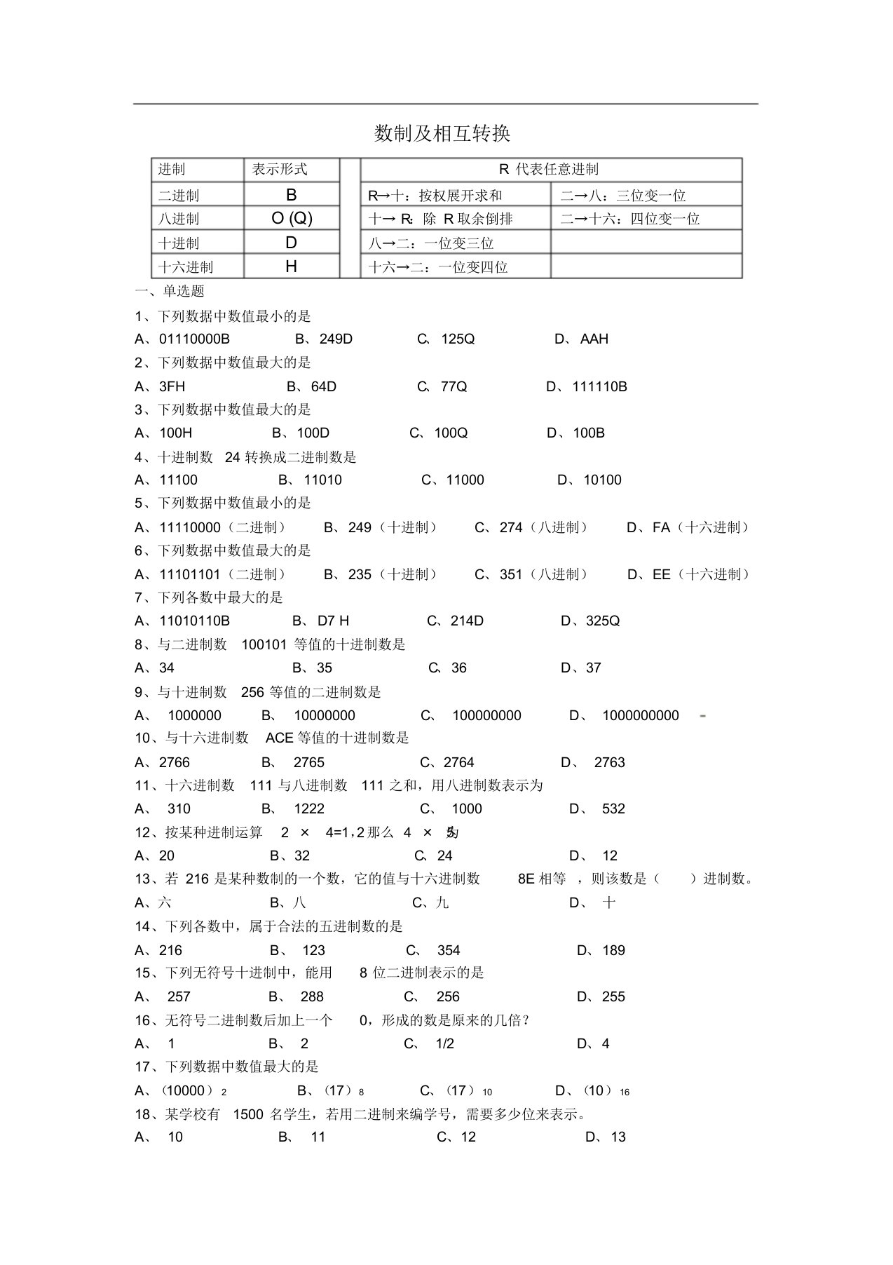 二进制十进制八进制十六进制转换练习题