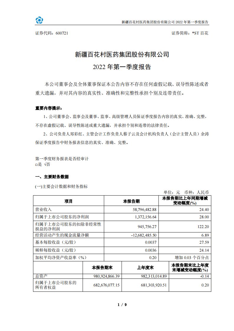 上交所-新疆百花村医药集团股份有限公司2022年第一季度报告-20220427