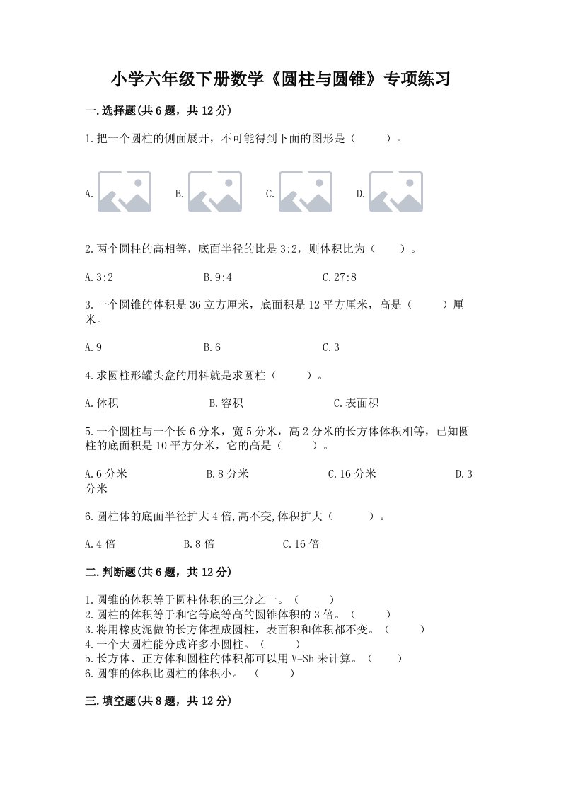 小学六年级下册数学《圆柱与圆锥》专项练习（各地真题）