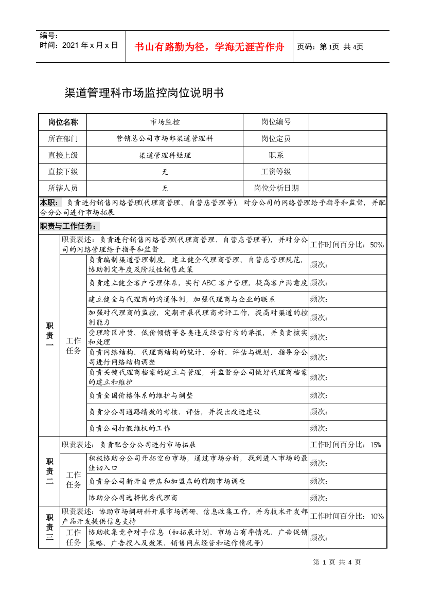 制鞋企业渠道管理科市场监控岗位说明书