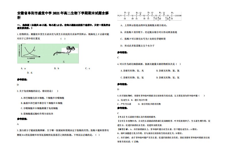 安徽省阜阳市盛堂中学2021年高二生物下学期期末试题含解析