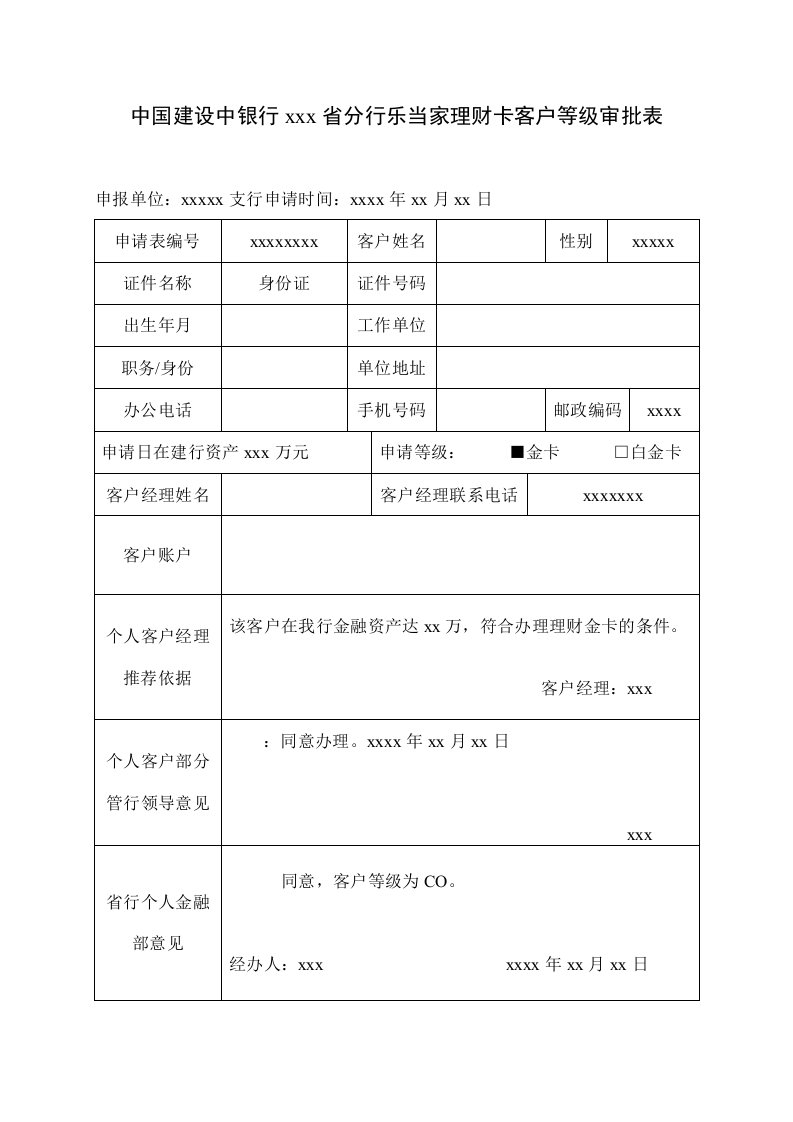 银行分行乐当家理财卡客户等级审批表