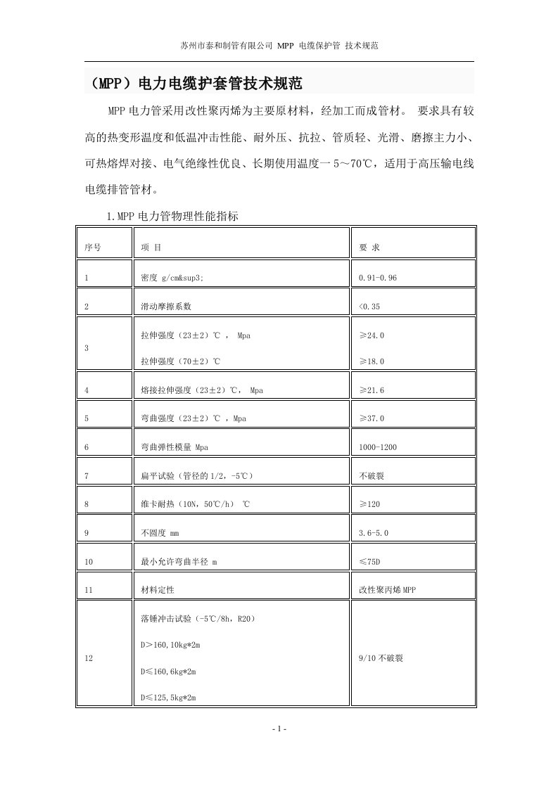 MPP管技术标准