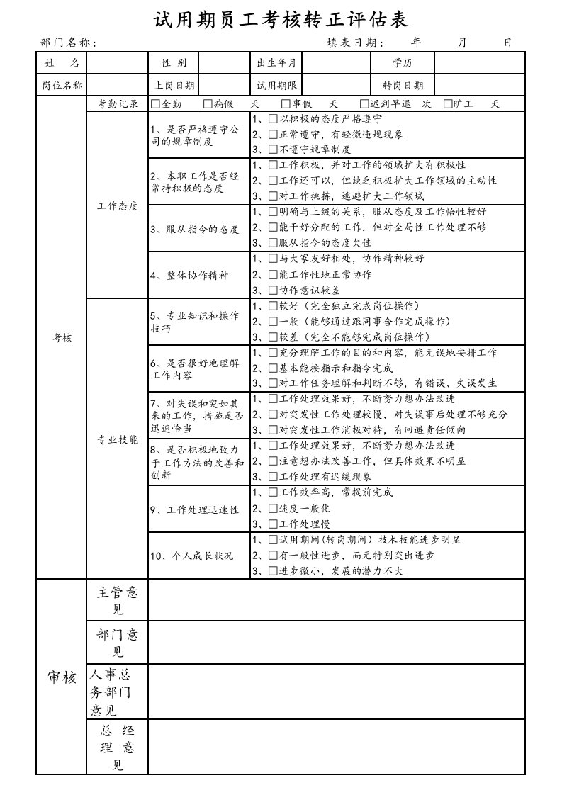 试用期员工考核转正评估表